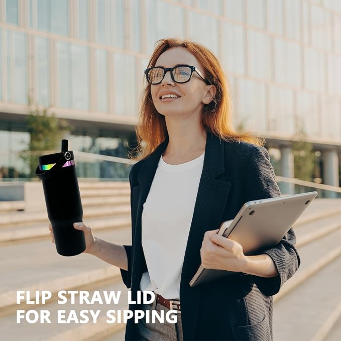 30 oz Tumbler Bulk with Handle and Straw, Vacuum Insulated Tumblers with Flip Straw and Top Handle, Leakproof Powder Coated Tumbler, Stainless Steel Travel Mug for Coffee Water (Black, 8 Pack)