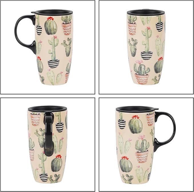 Topadorn Ceramic Mugs Porcelain Latte Tea Cup Coffee Mug with Lid and Handle Coffee Cup,17oz. Cactus