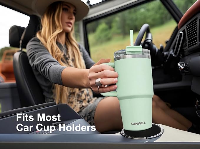 SUNWILL Travel Coffee Mug with Lid, 20 oz Tumbler with Handle and Straw Leak Proof, Stainless Steel Cup Insulated for Office & Gym, Cupholder Friendly, Powder Coated Matcha Cream