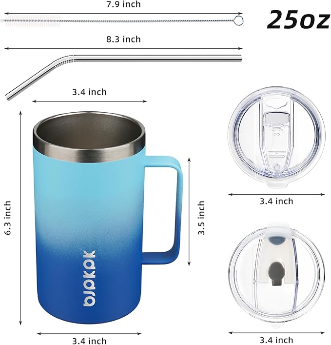 BJPKPK Insulated Coffee Mug with 2 Lids, 25oz Stainless Steel Insulated Tumbler with Handle, Double Wall Vacuum Coffee Cups, BPA Free Travel Mug for Coffee, Tea and Drinks, Sky