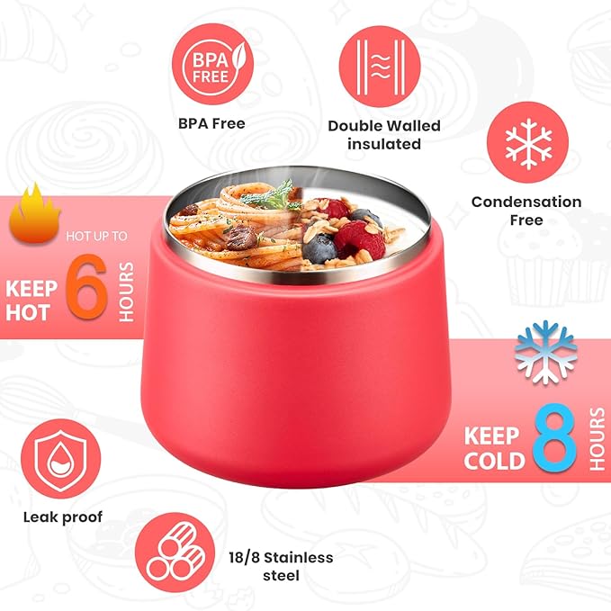 Soup Thermo for Hot Food Kids 14oz Lunch Containers with Buckle Lid Wide Mouth Hot Food Jar Vacuum Insulated Stainless Steel Bento Box Leakproof with Spoon (Red)