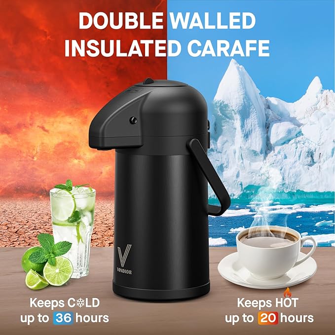 Airpot Coffee Carafe for Keeping Hot - 64 OZ/ 2.0L Coffee Dispenser with Pump - Insulated Stainless Steel thermal carafe for Hot Drinks Water Tea Chocolate - Hot Beverage Dispenser for Parties