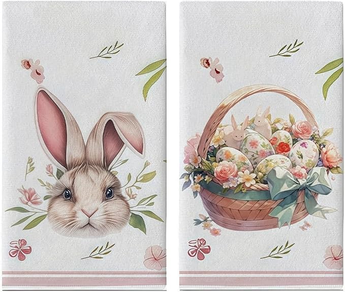 2-Pack Easter Dish Towels - Bunny & Egg Printed Kitchen Towels Set (17.7"x27.5"), Reusable Holiday Decorations & Spring Gift Accessories,Hand Towels for Home Decor