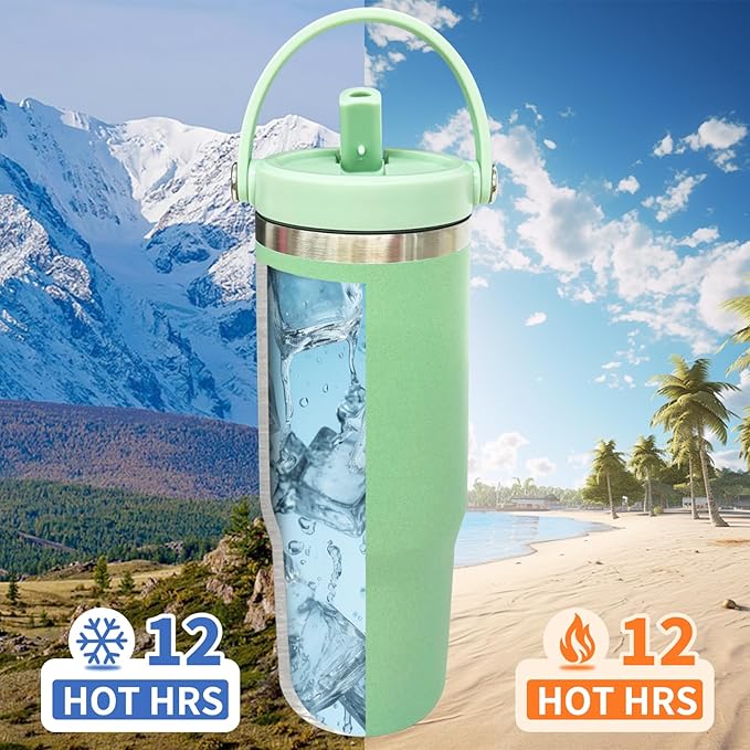 30 oz Tumbler Bulk with Top Handle, Double Wall Vacuum Insulated Tumbler with Flip Straw, Travel Coffee Mug 30oz Powder Coated Cup for Laser Engraving (Green,4 pack)