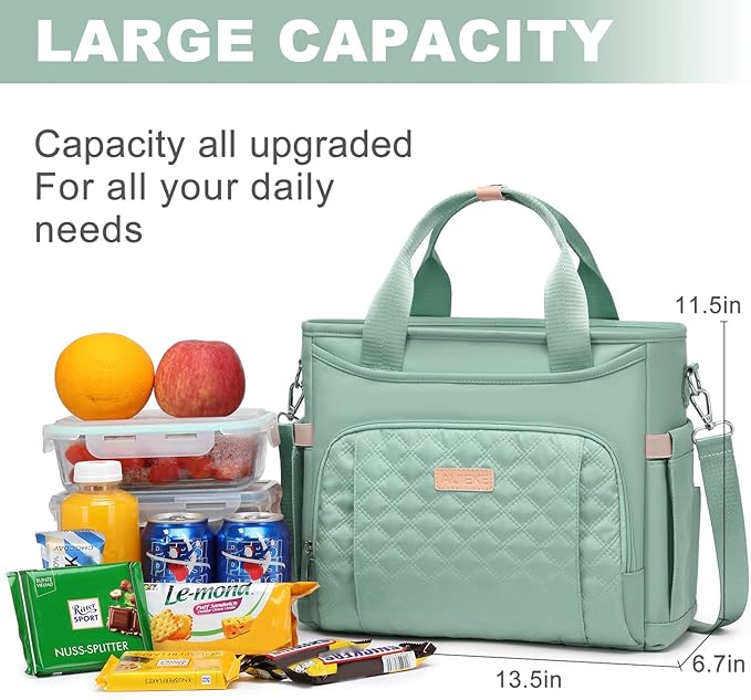 AIJIEKE Insulated Lunch Bag for Men Women, Lunch Box, Lunch Tote for Work, Large Leak Proof Cooler Bag with Removable Strap, Reusable Adult Lunchbag, Picnic, Office, Beach, Green