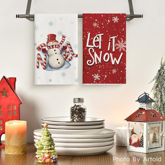 Artoid Mode Snowman Merry Christmas Kitchen Towels Dish Towels, 18x26 Inch Farmhouse Holiday Joy Snowflake Winter Decoration Cleaning Set of 4