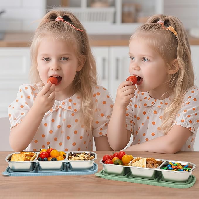 ﻿ 3 Compartment Stainless Steel Snack Containers with Silicone Lids, Reusable Food Storage Containers ，snackle box container for School ，Travel, Outdoor, Camping.