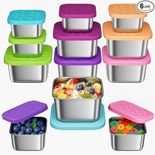 12Pack 6oz Stainless Steel Snack Containers and 2oz Salad Dressing To Go Containers with Silicone Lids, Reusable Square Meal Prep Condiment Sauce Containers Lunch Box Accessories