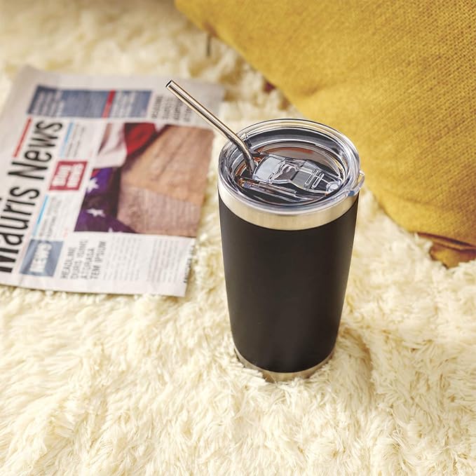 COMOOO 20oz Black Tumbler 4 Pack Stainless Steel Insulated Travel Mug with Lid and Straw Vacuum Double Wall Coffee Cup for Hot Beverage and Cold Drinks(Black, 4 Pack)