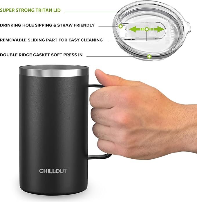 CHILLOUT LIFE Stainless Steel Vacuum Insulated Coffee Mug 16 oz (Set of 2) with Handle and Lid, Large Thermal Camping Coffee Mugs with Sliding Lid for Men & Women, Keeps Your Beverages Hot & Cold