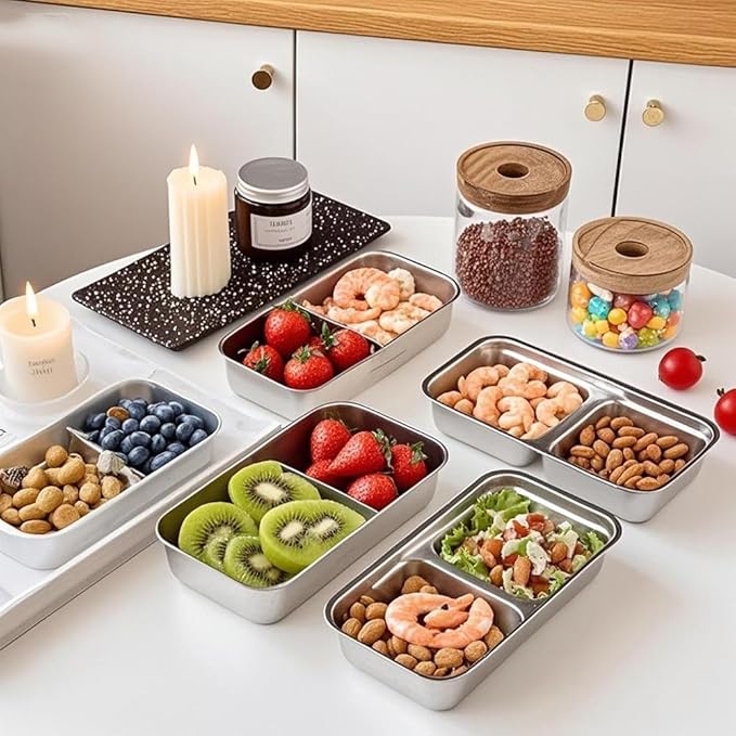 3 Pack Stainless Steel Snack Containers with Lids, Leak Proof Easy Open Snack Box Container for Adults, Reusable Food Storage Containers with 2 Compartment for Travel, Camping, Work, Outdoor
