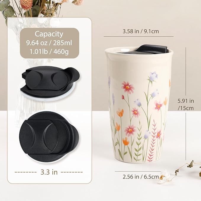ANTIS'S HOME Ceramic Travel Mug with Lid, Flower Pattern Beige Double Wall Coffee Mug Tumbler, Reusable Tall Cup, Splash Resistant Lid, Dishwasher Microwaveable Safe