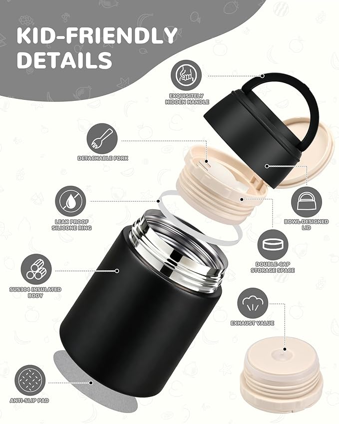 10oz Soup Thermo for Hot Food Kids Insulated Food Jar with Spoon Wide Mouth Stainless Steel Lunch Container Leak Proof Vacuum Food Box for School Travel Picnic Black