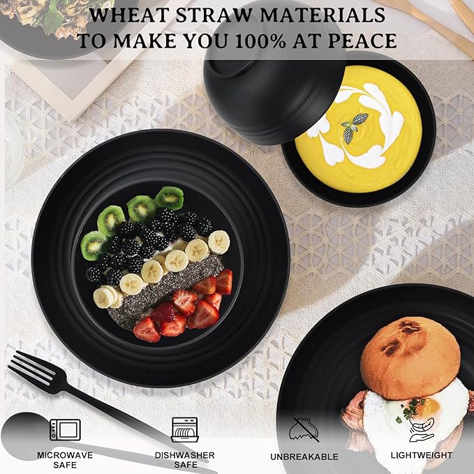 28-Piece Wheat Straw Dinnerware Sets, Microwave & Dishwasher Safe Unbreakable Dinnerware Set, Reusable Dishware Sets, Lightweight Camping Dishes, Plates, Cups, Cereal Bowls for 4（Black）