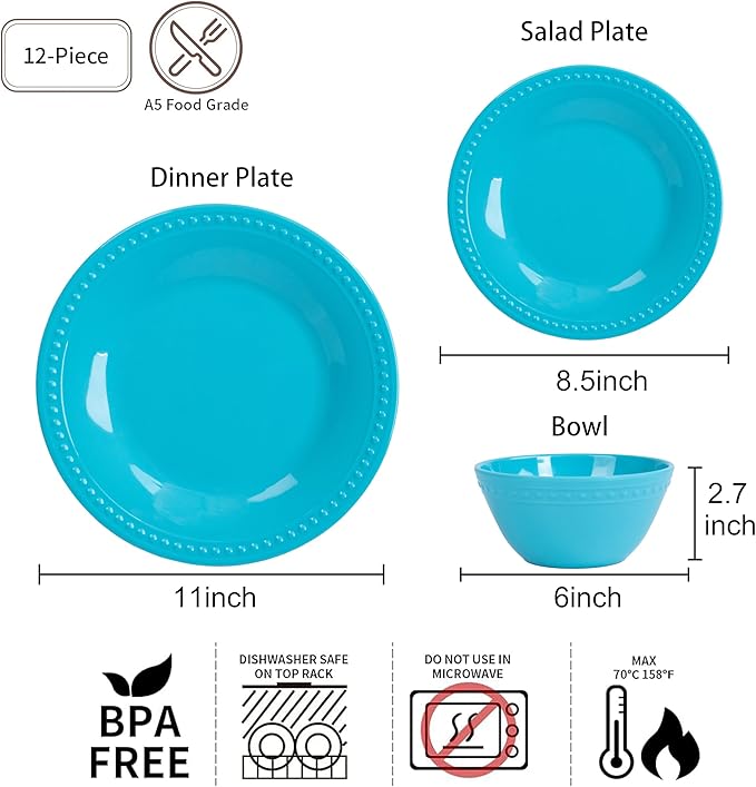 Aqua Melamine Dinnerware Sets of 12 Pcs, BPA Free Dishes Set, Plates and Bowls Sets for Indoor Outdoor Dining on the Beach, RV, Camping Use,Lightweight Unbreakable Dishwasher Safe