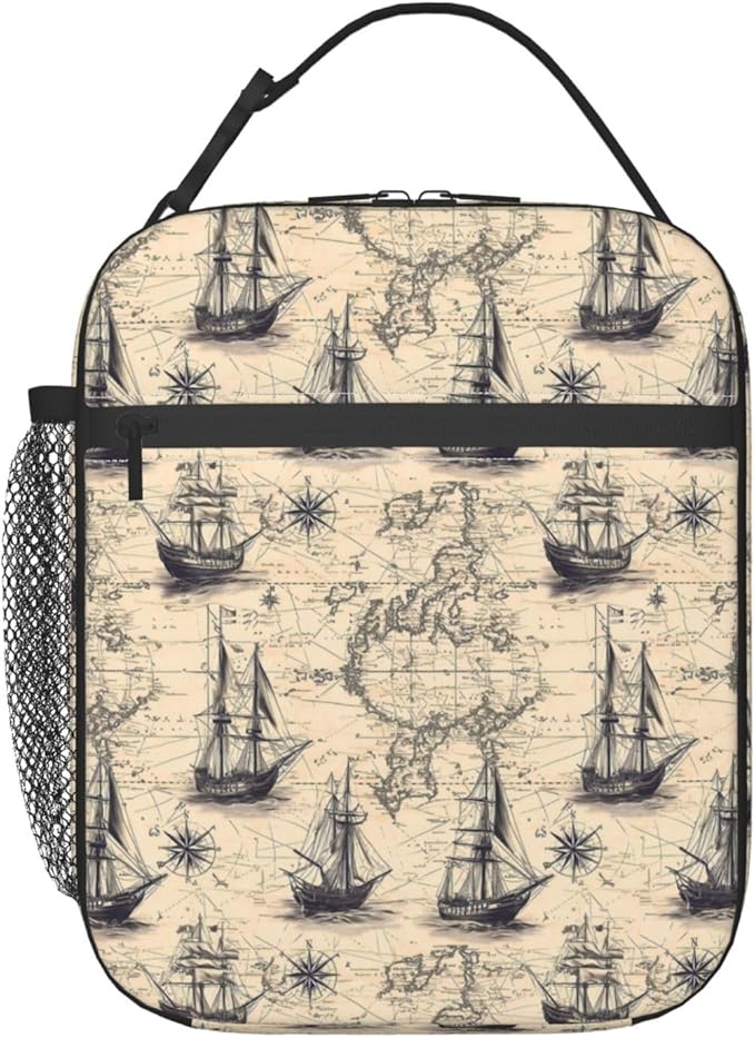 Vintage Nautical Map Lunch Box for Kids,World Maps Insulated Bag for Student,Ships Reusable Thermal Insulation Cooler Tote Bags for School Work Picnic Camping Outdoor Gifts