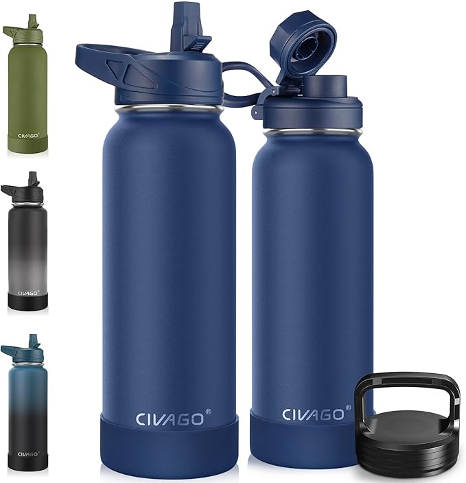 CIVAGO 40 oz Insulated Water Bottle With Straw, Stainless Steel Sports Water Cup Flask with 3 Lids (Straw, Spout and Handle Lid), Double Walled Travel Thermal Canteen Mug, Navy Blue