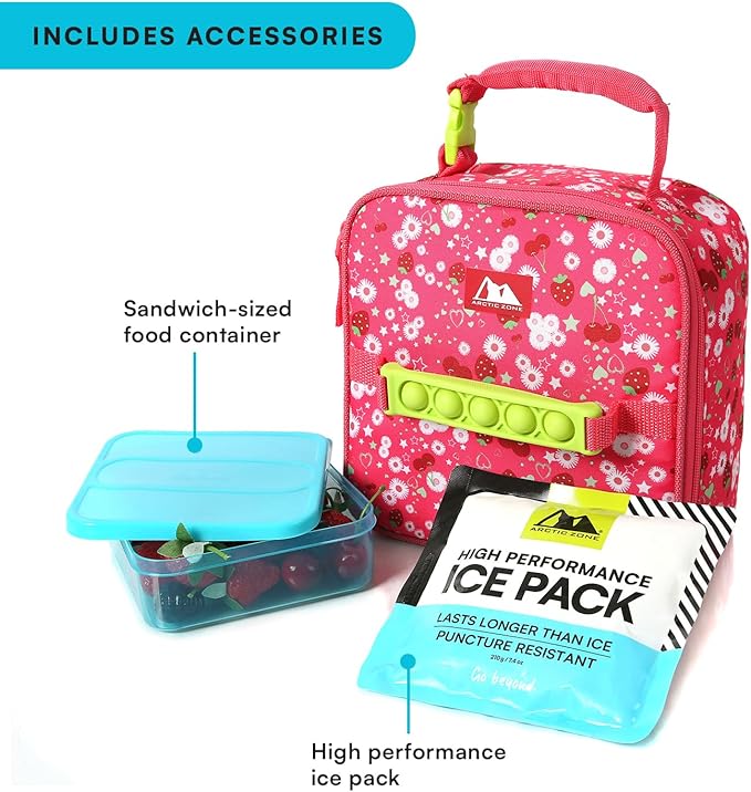 Arctic Zone Pop-it Kids Lunch Box Combo with Sensory Pop Handle, 210g Ice Pack, and Sandwich Container, Very Berry Cherry