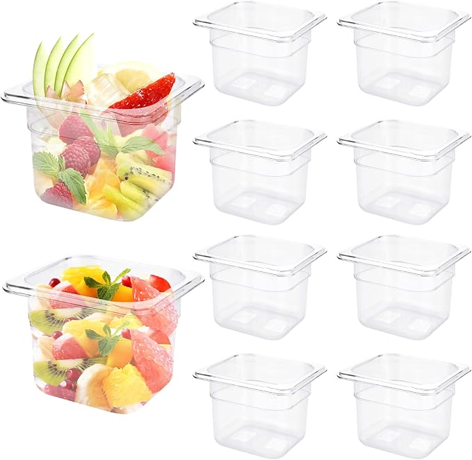 10 Pack 1/6 Size Plastic Clear Food Pan, 4 Inch Deep Polycarbonate Pan, Stackable Restaurant Commercial Hotel Pans for Fruit Vegetable Corns - 1.58 Quart Capacity