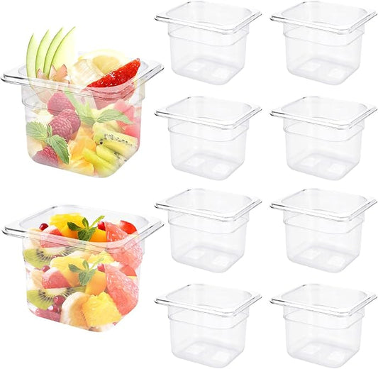 10 Pack 1/6 Size Plastic Clear Food Pan, 4 Inch Deep Polycarbonate Pan, Stackable Restaurant Commercial Hotel Pans for Fruit Vegetable Corns - 1.58 Quart Capacity