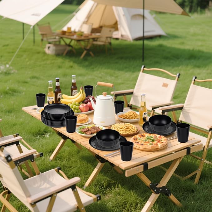 supernal 24pcs Wheat Straw Dinnerware,Unbreakable Dinner Plates Set,Microwave Dishwasher Safe,Black Reusable Plates for Picnic,Birthday,Camping