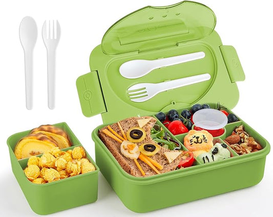 Bento Box Adult Lunch Box,Lunch Containers for Adults Kids,5-Compartment Bento Box for Kids Snack Boxes with Cutlery (Green)