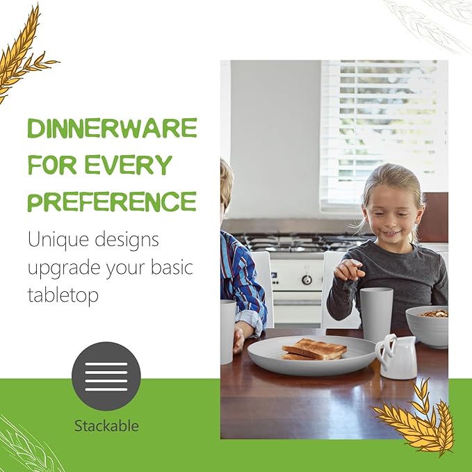 Teivio 32-Piece Kitchen Plastic Wheat Straw Dinnerware Set, Service for 8, Dinner Plates, Dessert Plate, Cereal Bowls, Cups, Unbreakable Colorful Plastic Outdoor Camping Dishes, Light Gray