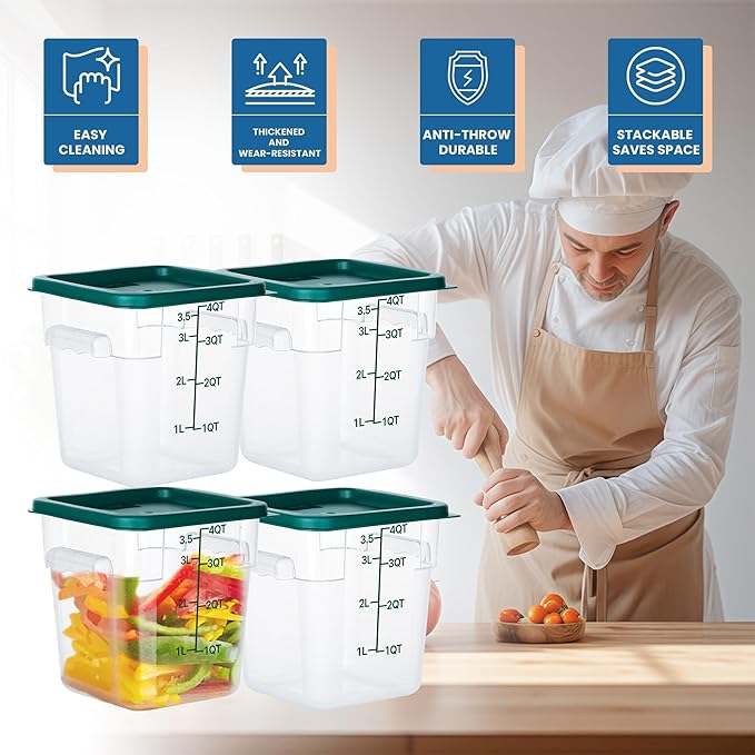 4 Pack Food Storage Containers with Lids, 4 Quart Square Commercial Food Containers, NSF, Polycarbonate, Clear