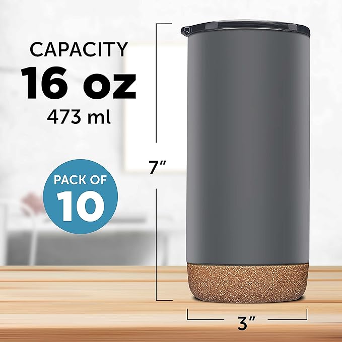 DISCOUNT PROMOS Travel Tumblers with Cork Bottom 16 oz. Set of 10, Bulk Pack - Double Wall Insulated, Matte Finish, Perfect for Iced Coffee, Soda, Other Beverages - Grey