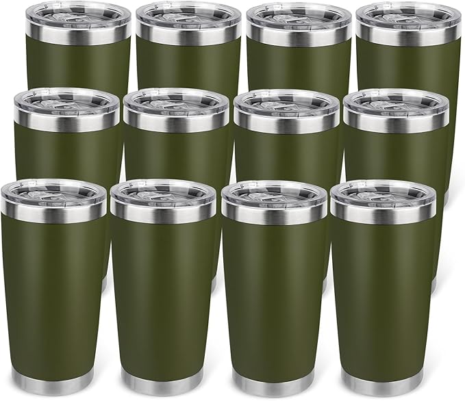 20oz Stainless Steel Tumbler Bulk with Lid, Travel Mug - Double Wall Vacuum Powder Coated Cup - Army Green, 12 Pack