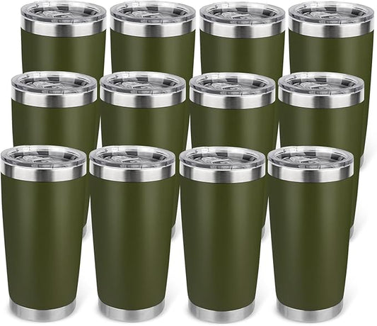 20oz Stainless Steel Tumbler Bulk with Lid, Travel Mug - Double Wall Vacuum Powder Coated Cup - Army Green, 12 Pack