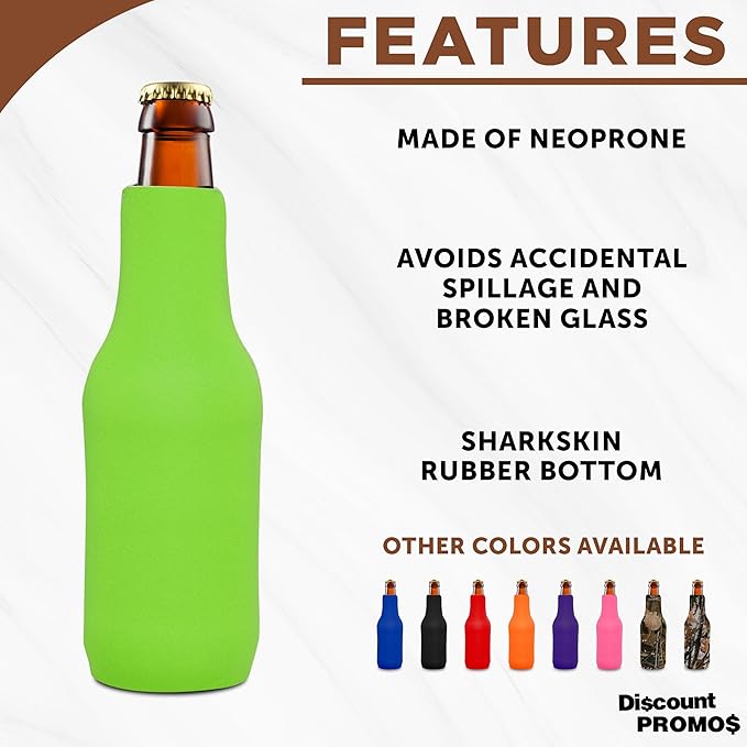 10 Neoprene Zippered Beer Bottle Coolies Pack - Sharkskin Rubber Bottom - Lime Green