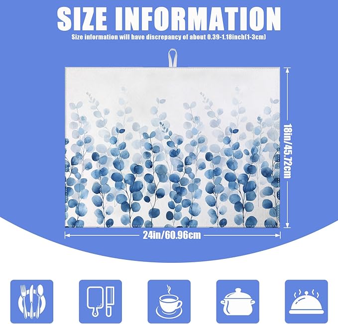 Blue Eucalyptus Leaves Dish Drying Mat for Kitchen Counter Drying Pad Absorbent Reversible Dish Drainer Rack Mats Draining Pad 18"x24"Inch