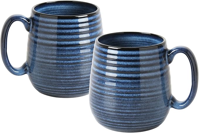 20 oz Large Ceramic Coffee Mugs set of 2, Coffee Mugs for Women and Men, Big Tea Cups, Large Handle Mug for Office and Home, Microwave and Diahwasher Safe (Blue with Stripes, 2PCS)