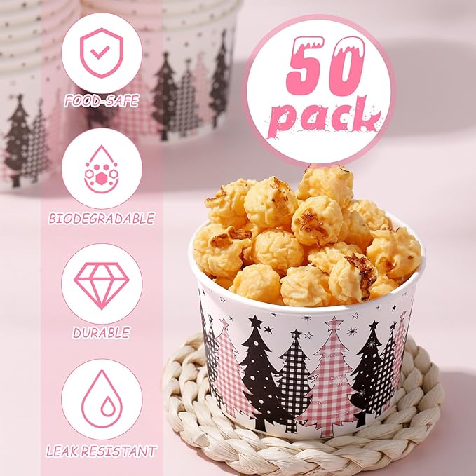 50 Pack Christmas Tree Treat Snack Cups Pink Gingham Buffalo Plaid Paper Ice Cream Cups 9 oz Xmas Tree Disposable Dessert Bowls for Hot or Cold Food Winter Xmas Holiday Party Supplies