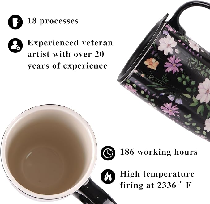 Topadorn Ceramic Travel Mug Coffee Cups with Spill-Proof Lid, Latte Mugs for Home and Office with Gift Box, Holiday Gift Her Him, Black