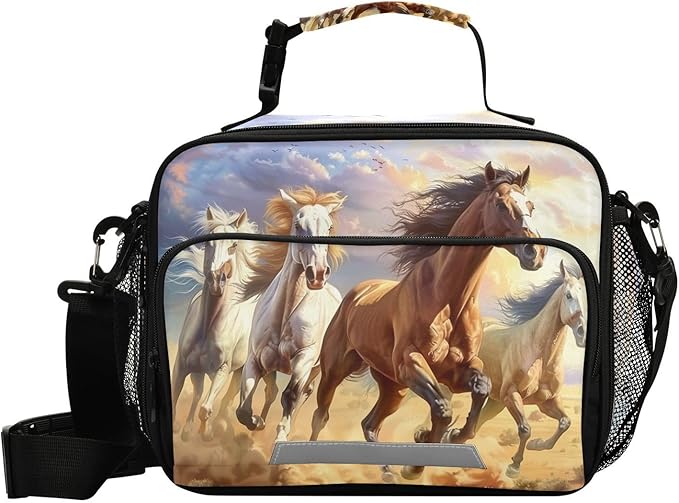 ALAZA Horses Kids Lunch Box Lunchbox Insulated Reusable Meal Container Lunch Bag with Shoulder Strap for School Girls Boys
