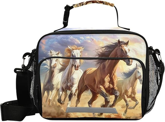 ALAZA Horses Kids Lunch Box Lunchbox Insulated Reusable Meal Container Lunch Bag with Shoulder Strap for School Girls Boys