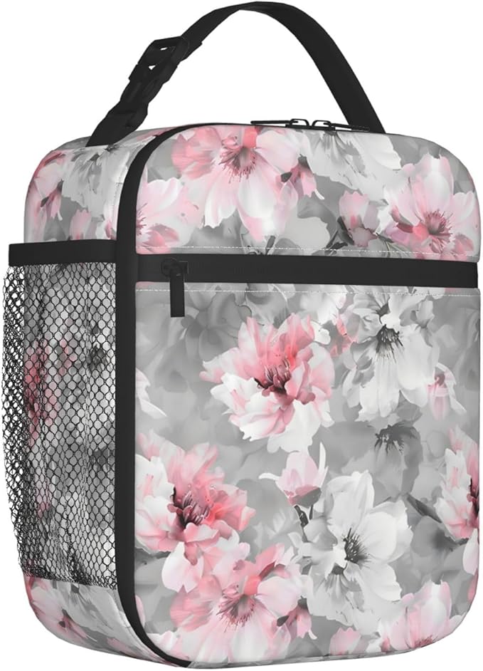 Reusable Floral Lunch Box for Kids Girls Boys Women Adult, Insulated Pink and White Flower Lunch Bag,Polyester Cooler Art Handbags Case for School Picnic Work Travel Beach or Hiking (Gray)