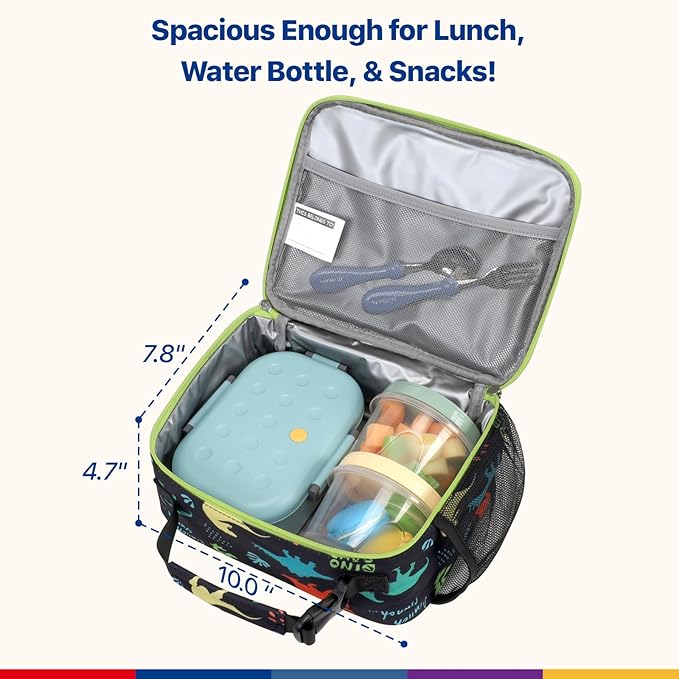 Bagseri Kids Lunch Bag with Ice Pack - Kids Lunch Box for Boys Reusable and Insulated Lunch Bag Toddler Lunch Box for Daycare and School, Black Dinosaur