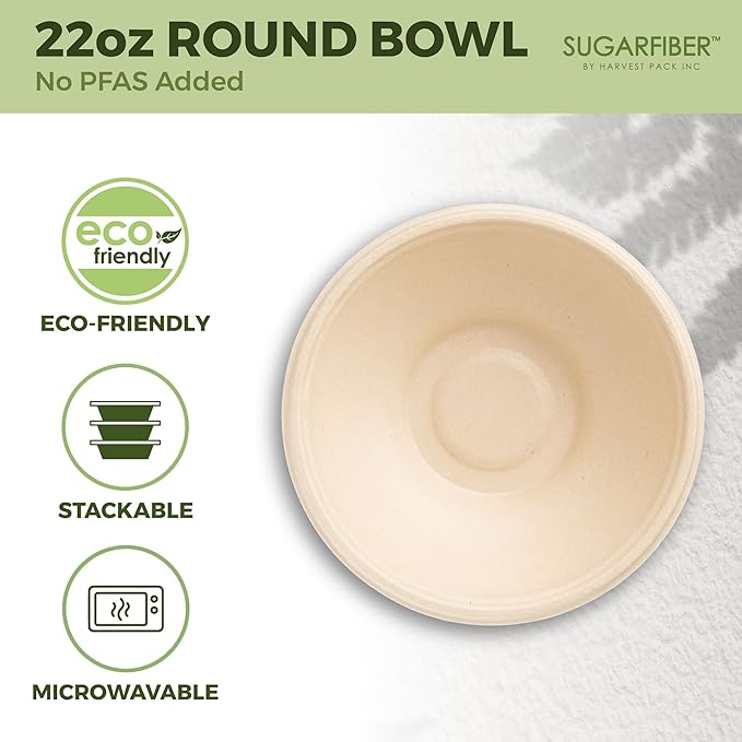 [1000 Count]Harvest Pack 22oz Round Bowls PFAS Free with PLA coating with PET Lid, Heavy-Duty Eco-Friendly Disposable Bagasse Sugarcane Bowl for Meal Prep