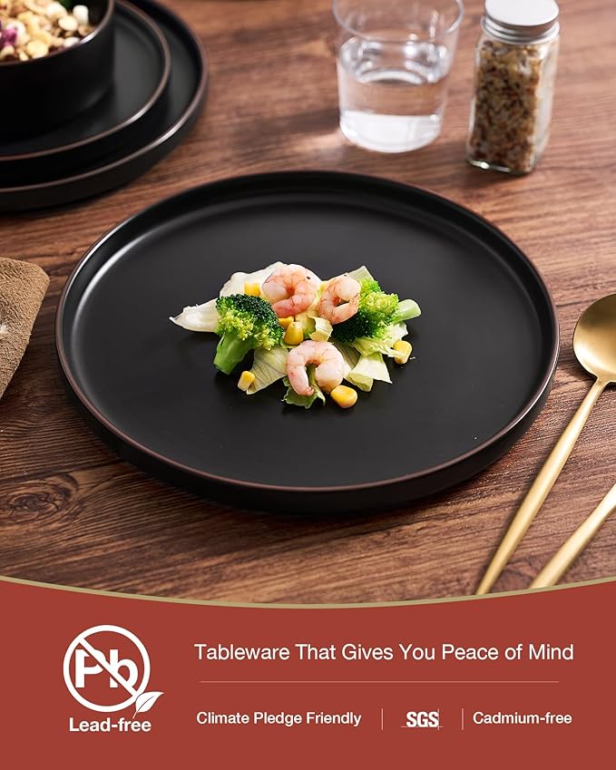 Famiware Nebula Ridge Stoneware Dinnerware Sets, Plates and Bowls Sets for 4, 12 Pieces Dishes Set, Microwave and Dishwasher Safe Kitchen Plates, Matte Black