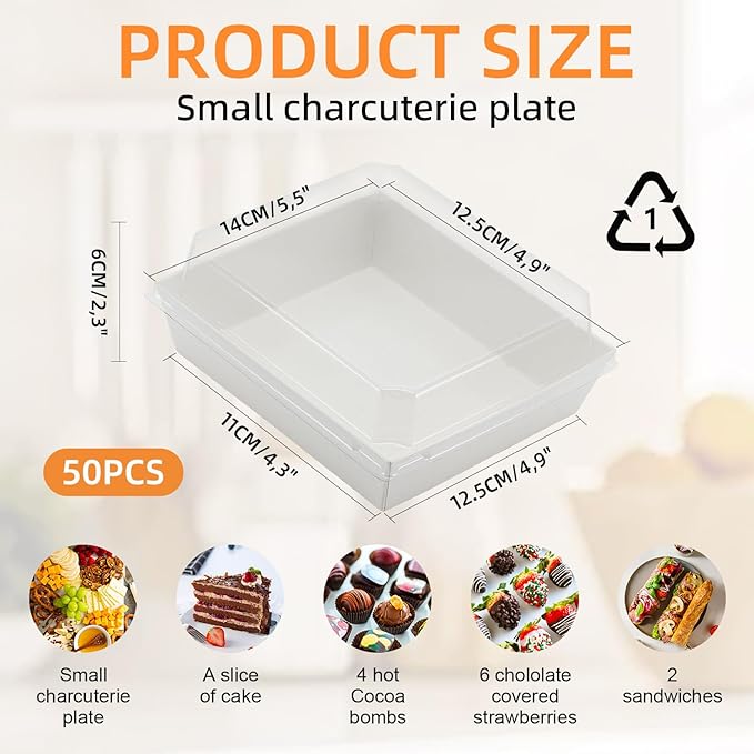 50 Pack Small Paper Charcuterie Boxes with Clear Lids, Dessert Boxes Square Disposable Paper Bakery Boxes to Go Food Containers for Desserts, Sandwich, Cookie, Sushi, Cake Slice and Strawberries