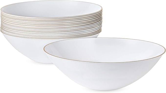 PLASTICPRO White Plastic Floral Design Party Plates With Gold Rim Premium heavyweight Elegant Disposable Tableware Dishes (120, 16 OUNCE BOWLS)