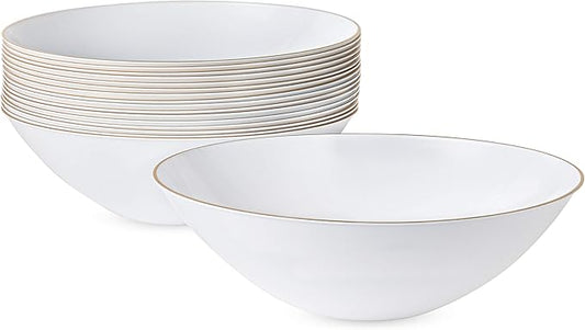 PLASTICPRO [16 OZ 10 Count] White Plastic Floral Design Party Soup bowls With Gold Rim Premium heavyweight Elegant Disposable Tableware Dishes