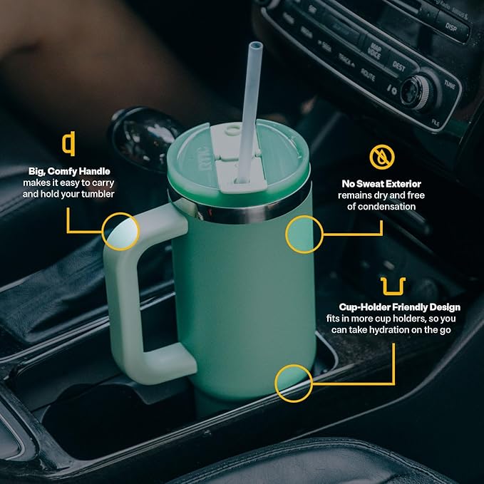 RTIC 30 oz Road Trip Tumbler Double-Walled Ceramic Lined InsulatedStainless Steel Portable Travel Coffee Mug Cup with Lid, Handle and Straw, Deep Woods