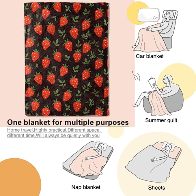 Strawberry Blanket Sweet Red Fruit and Leaf on Black Background Throw Blankets Lightweight Flannel Throws for Camping Couch Chair Office Bed Home Decor Gifts for Adults,50x40inch