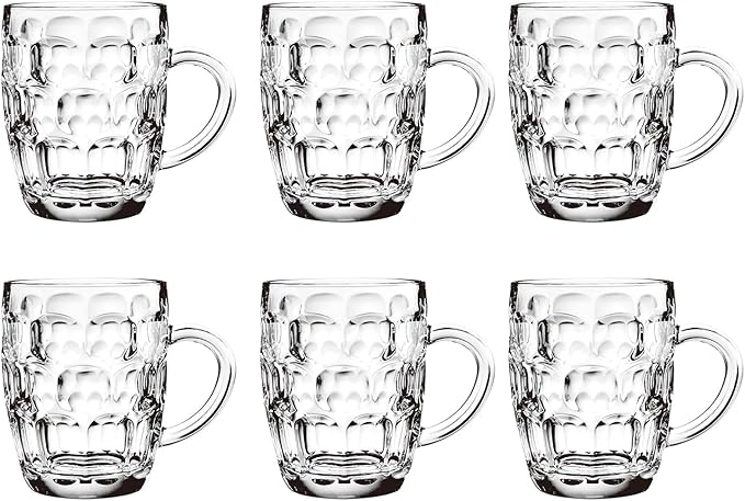 Dimple Stein Beer Mug Set, 20 oz Beer Glasses with Handle, Glass Beer Mugs, Dishwasher and Freezer Safe, Clear and Sturdy, Set of 6