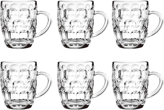 Dimple Stein Beer Mug Set, 20 oz Beer Glasses with Handle, Glass Beer Mugs, Dishwasher and Freezer Safe, Clear and Sturdy, Set of 6