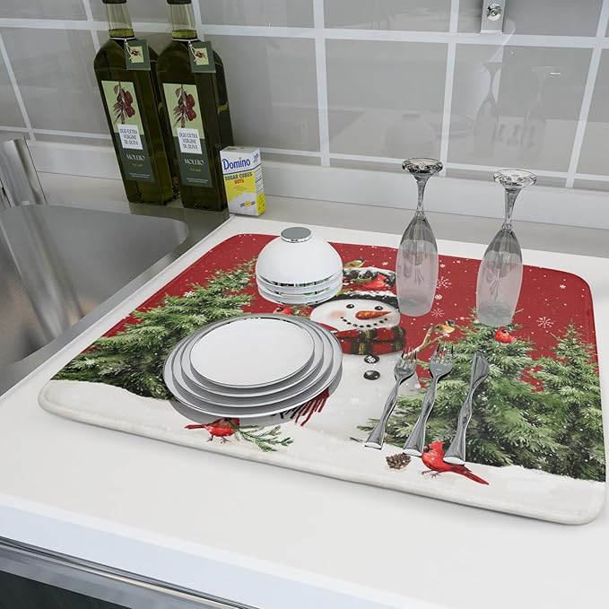 Christmas Dish Drying Mat for Kitchen Counter Snowman Green Christmas Tree Microfiber Absorbent Dish Draining Reusable Washable Foldable Extra Large 18"x24"